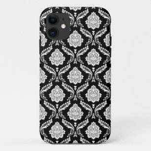 Rococo Damask Pattern White on Black  iPhone 11 Case
