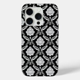 Rococo Damask Pattern White on Black  iPhone 15 Pro Case
