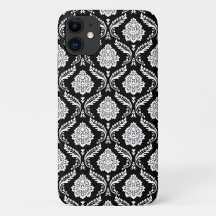 Rococo Damask Pattern White on Black  iPhone 11 Case