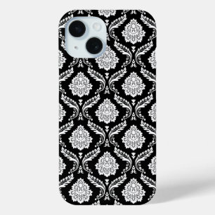 Rococo Damask Pattern White on Black  iPhone 15 Case