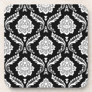 Rococo Damask Pattern White on Black Coaster