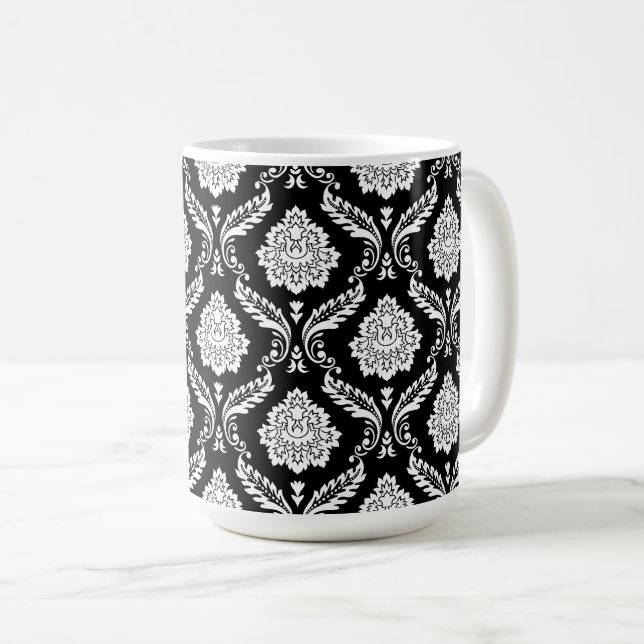 Rococo Damask Pattern White on Black Coffee Mug (Front Right)