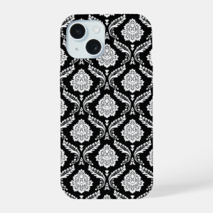 Rococo Damask Pattern White on Black  iPhone 15 Case