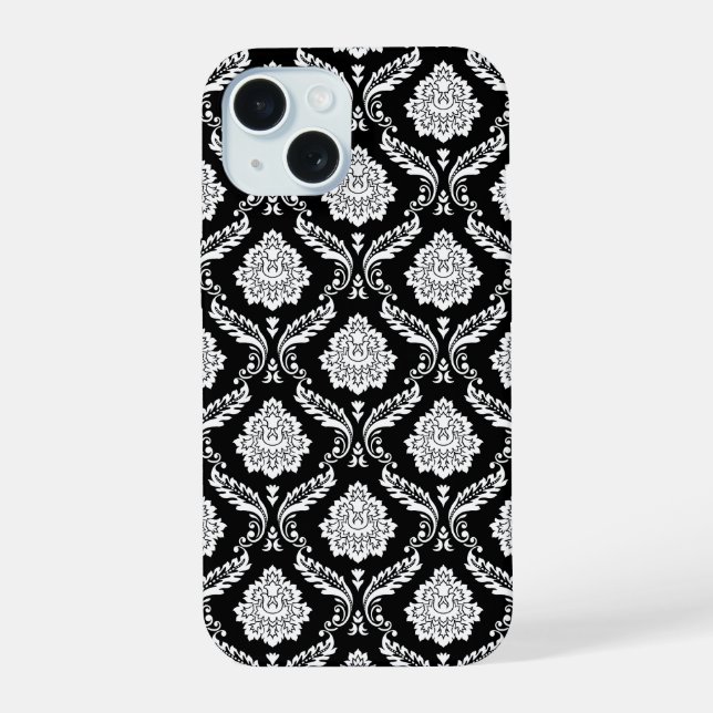 Rococo Damask Pattern White on Black  iPhone 15 Case (Back)
