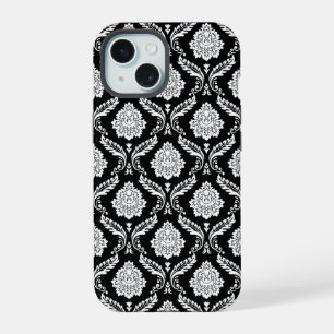 Rococo Damask Pattern White on Black  iPhone 15 Case