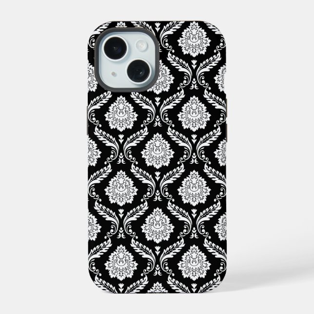 Rococo Damask Pattern White on Black  iPhone 15 Case (Back)