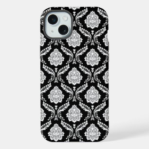 Rococo Damask Pattern White on Black  iPhone 15 Plus Case