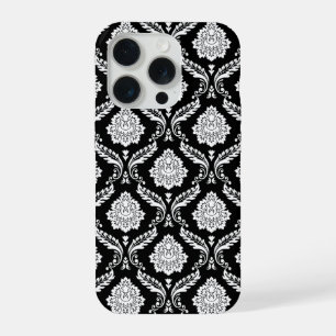 Rococo Damask Pattern White on Black  iPhone 15 Pro Case