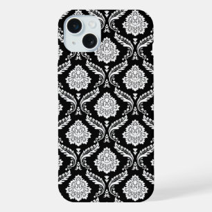 Rococo Damask Pattern White on Black  iPhone 15 Plus Case