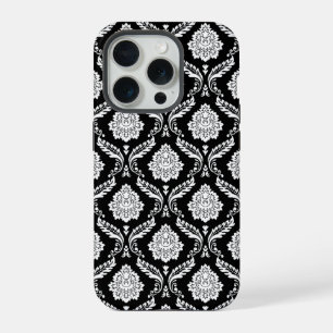 Rococo Damask Pattern White on Black  iPhone 15 Pro Case