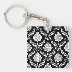 Rococo Damask Pattern White on Black Key Ring