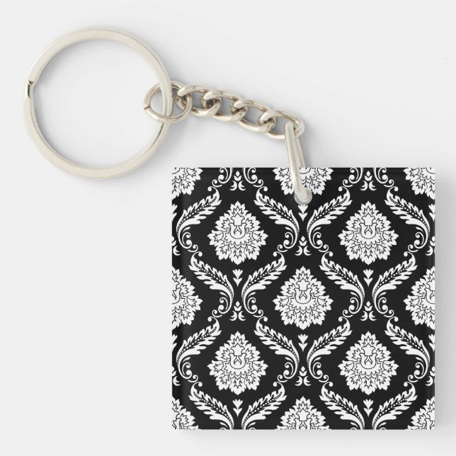 Rococo Damask Pattern White on Black Key Ring (Front)