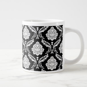 Rococo Damask Pattern White on Black Large Coffee Mug