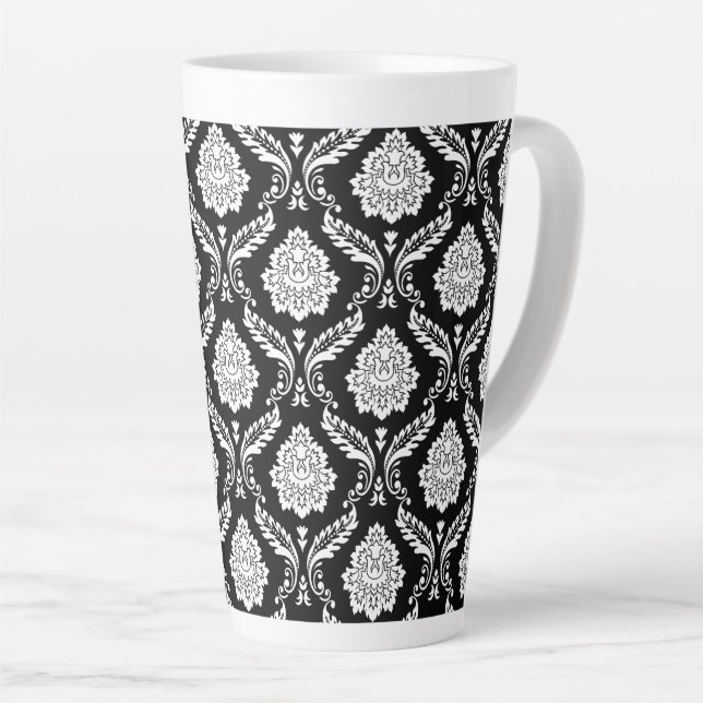 Rococo Damask Pattern White on Black Latte Mug (Right Angle)