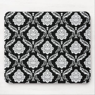 Rococo Damask Pattern White on Black Mouse Mat