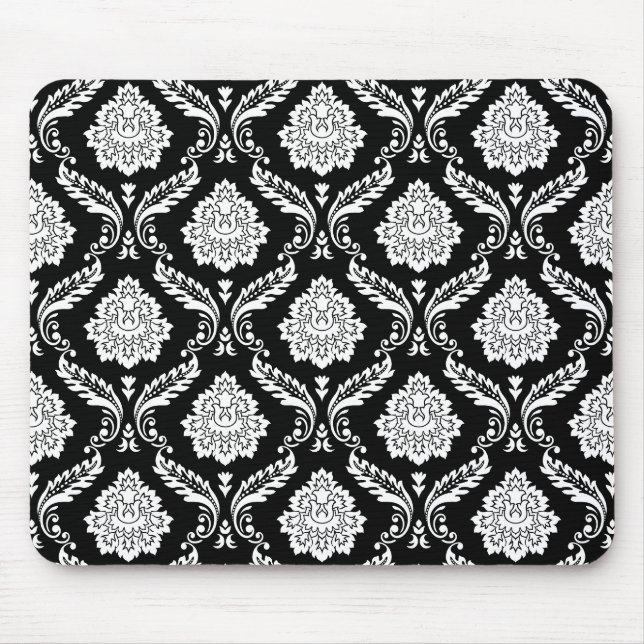 Rococo Damask Pattern White on Black Mouse Mat (Front)