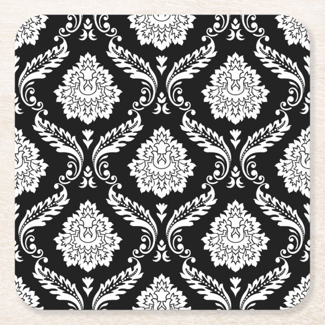 Rococo Damask Pattern White on Black Square Paper Coaster (Front)