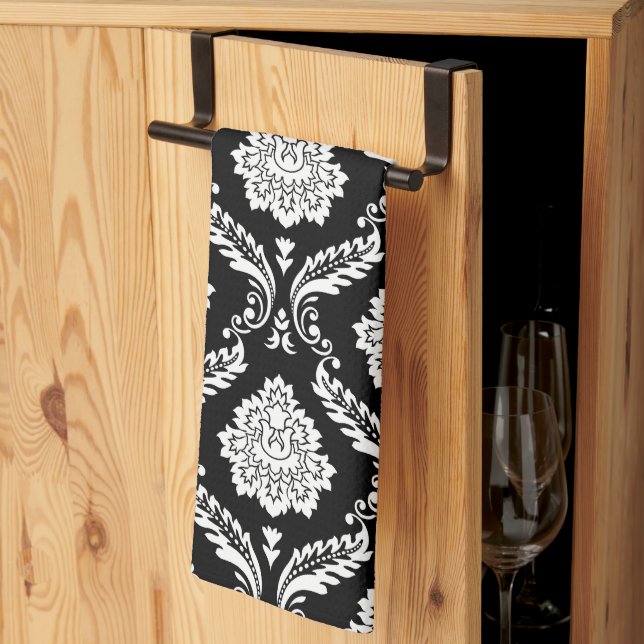 Rococo Damask Pattern White on Black Tea Towel (Thirds Fold)