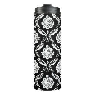 Rococo Damask Pattern White on Black Thermal Tumbler