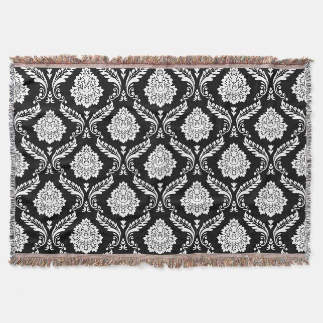 Rococo Damask Pattern White on Black Throw Blanket (Front)