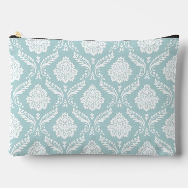 Rococo Damask Pattern White on Duck Egg Blue Accessory Pouch (Front)
