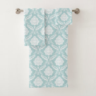 Rococo Damask Pattern White on Duck Egg Blue Bath Towel Set