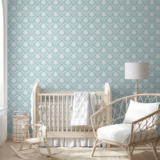 Rococo Damask Pattern White on Duck Egg Blue Wallpaper (Kids)