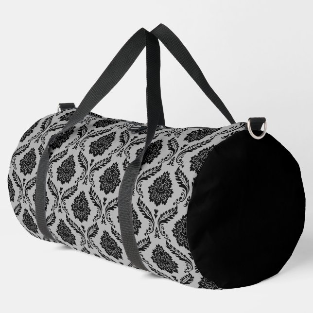 Rococo Damask Rpt Pattern Black on Grey Duffle Bag (Left Corner)