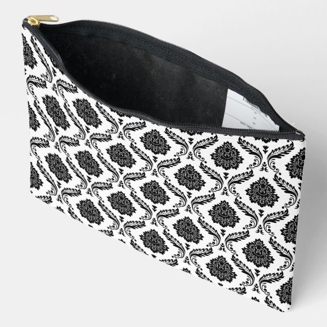 Rococo Damask Rpt Pattern Black on White Accessory Pouch (Open)