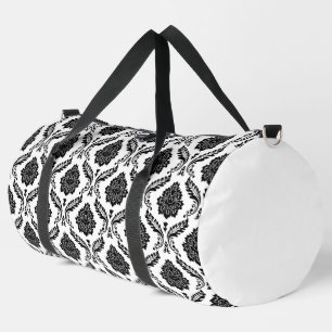 Rococo Damask Rpt Pattern Black on White Duffle Bag
