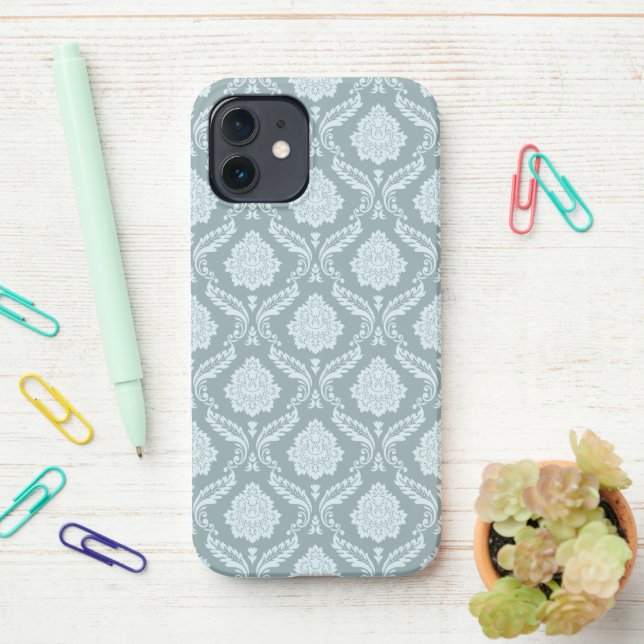 Rococo Damask Rpt Pattern Duck Egg Blue+Teal iPhone Case (On Desk)