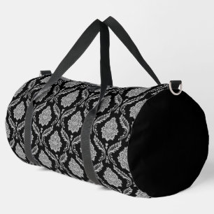 Rococo Damask Rpt Pattern Grey on Black Duffle Bag