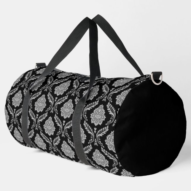Rococo Damask Rpt Pattern Grey on Black Duffle Bag (Left Corner)
