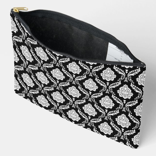 Rococo Damask Rpt Pattern White on Black Accessory Pouch (Open)