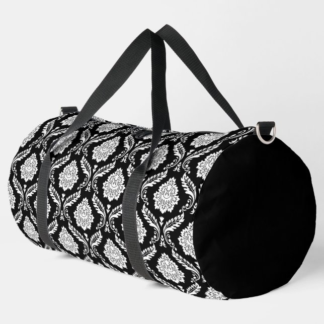 Rococo Damask Rpt Pattern White on Black Duffle Bag (Left Corner)
