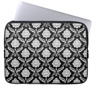 Rococo Damask Rpt Pattern White on Black Laptop Sleeve