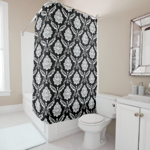 Rococo Damask Rpt Pattern White on Black Shower Curtain