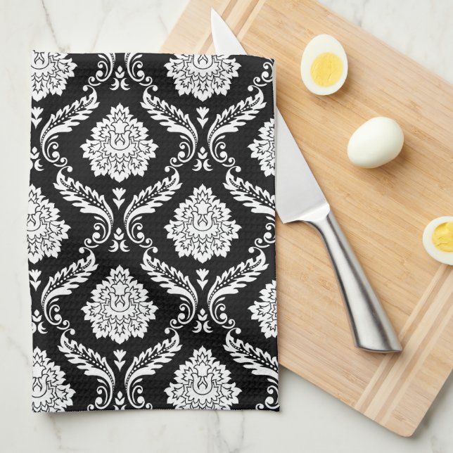 Rococo Damask Rpt Pattern White on Black Tea Towel (Quarter Fold)