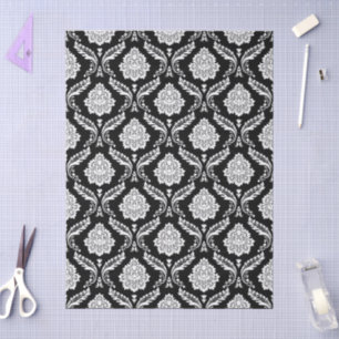 Rococo Damask Rpt Pattern White on Black Tissue Paper