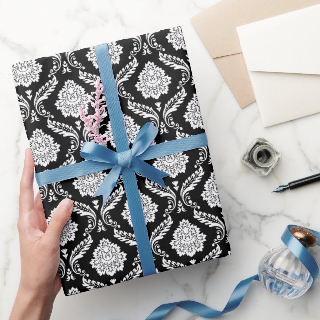 Rococo Damask Rpt Pattern White on Black Wrapping Paper (Gifting)