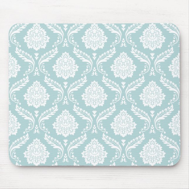 Rococo Damask Rpt Pattern White on Duck Egg Blue Mouse Mat (Front)