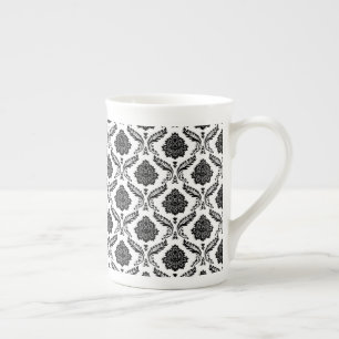 Rococo Damask Sml Pattern Black on White Bone China Mug