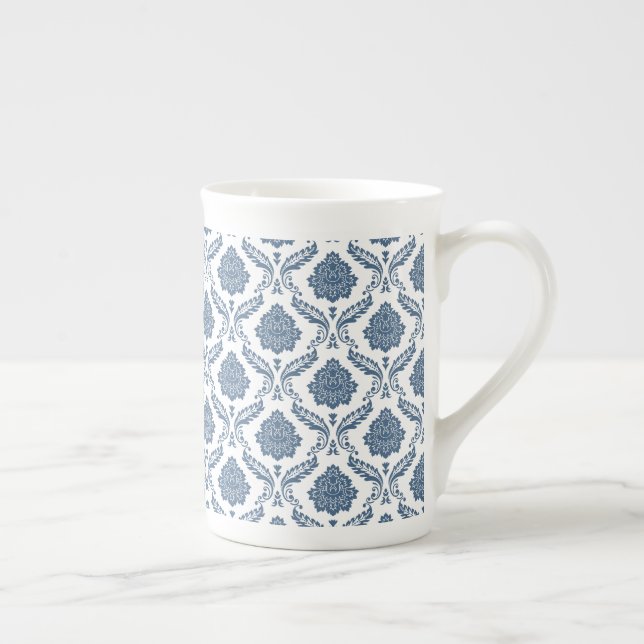 Rococo Damask Sml Pattern Blue on White Bone China Mug (Right)