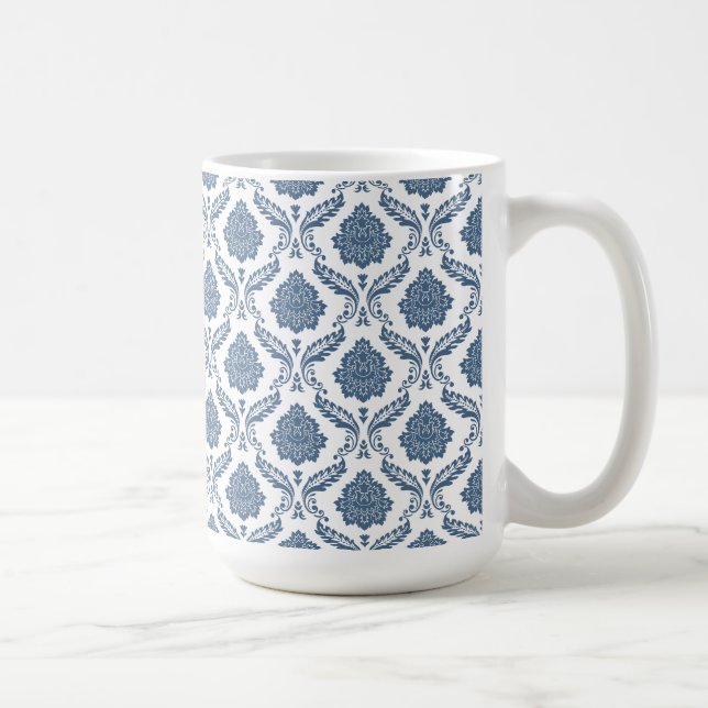 Rococo Damask Sml Pattern Blue on White Coffee Mug (Right)