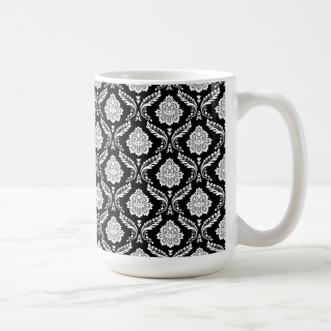 Rococo Damask Sml Pattern White on Black Coffee Mug (Right)
