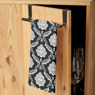 Rococo Damask Sml Pattern White on Black Tea Towel