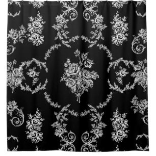 rococo floral botanical antique ornate black toile shower curtain