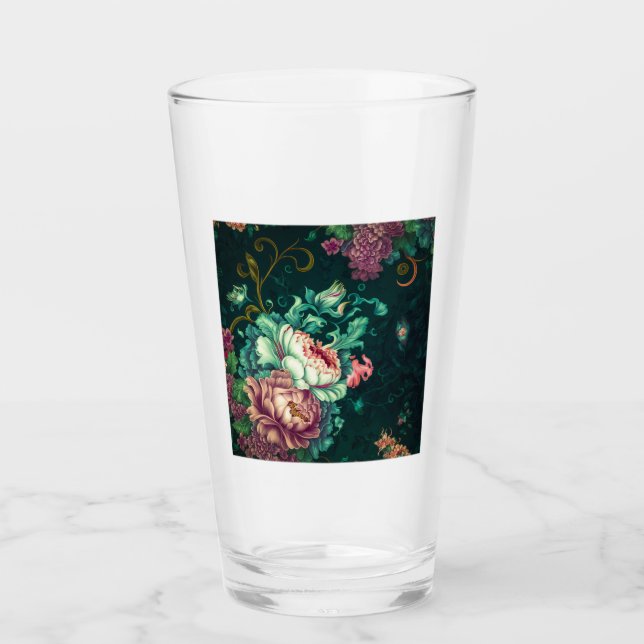 Rococo Floral Decoration Glass Tumbler  (Front)