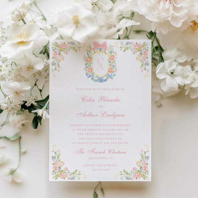 Rococo Floral Monogram Crest Wedding Invitation (Creator Uploaded)