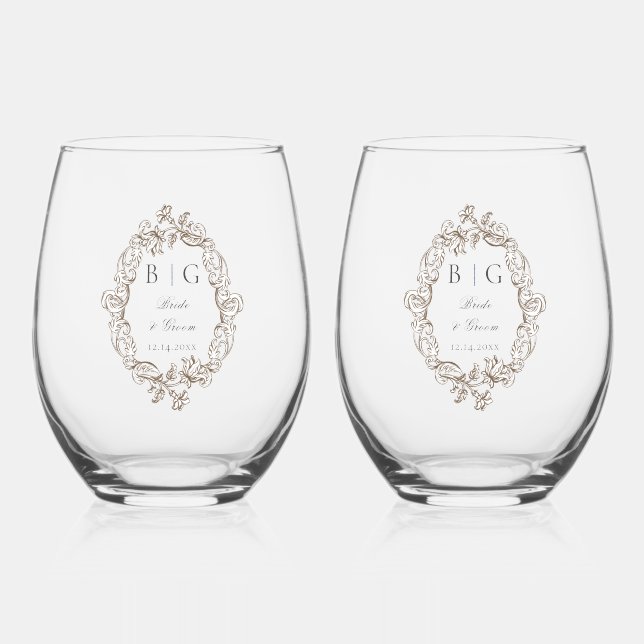 Rococo Florentine Monogram Stemless Wine Glass (Front)